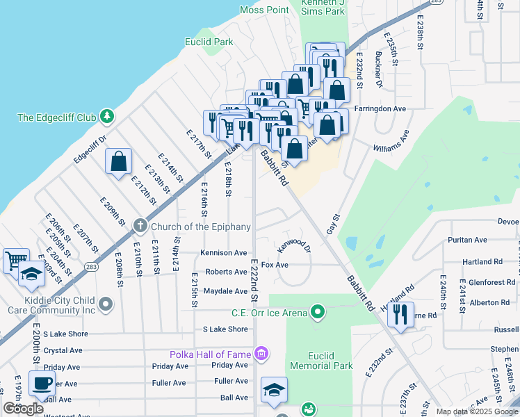 map of restaurants, bars, coffee shops, grocery stores, and more near 351 East 222nd Street in Euclid