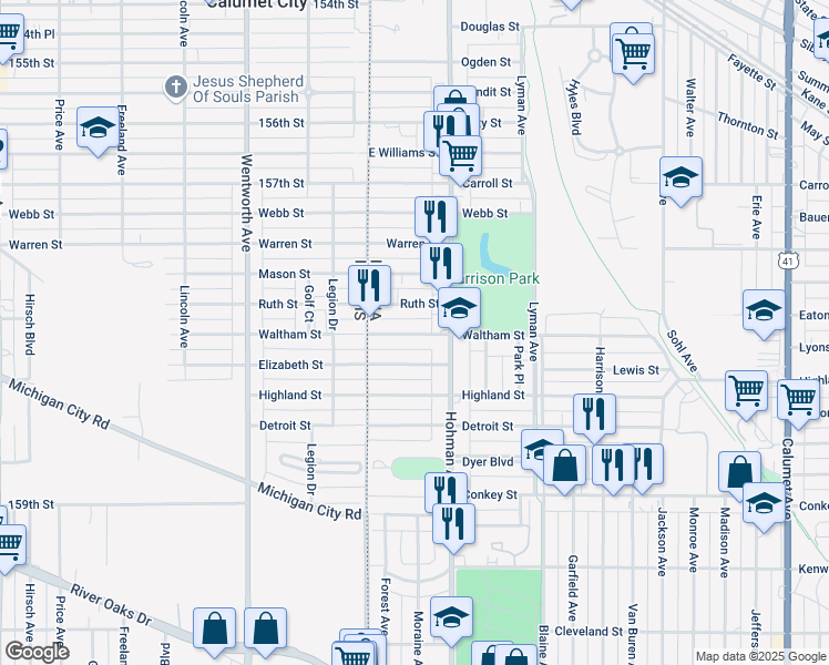 map of restaurants, bars, coffee shops, grocery stores, and more near 39-41 East Elizabeth Street in Hammond
