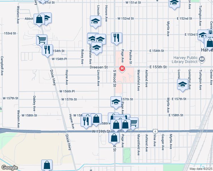 map of restaurants, bars, coffee shops, grocery stores, and more near 15617 Lincoln Avenue in Harvey
