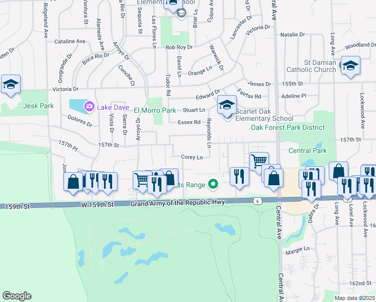 map of restaurants, bars, coffee shops, grocery stores, and more near 15729 Terrace Drive in Oak Forest