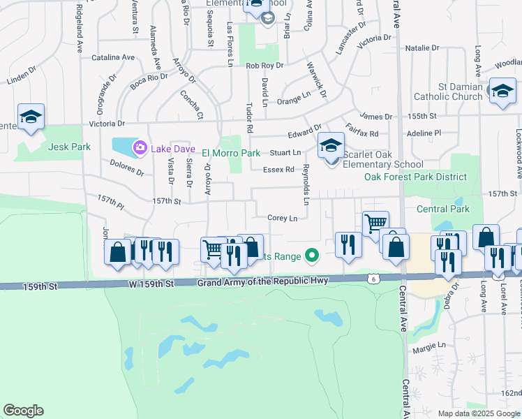 map of restaurants, bars, coffee shops, grocery stores, and more near 15728 Terrace Drive in Oak Forest