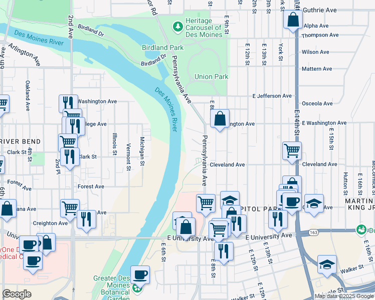 map of restaurants, bars, coffee shops, grocery stores, and more near 1410 Pennsylvania Avenue in Des Moines