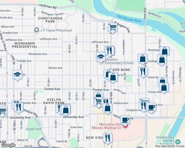 map of restaurants, bars, coffee shops, grocery stores, and more near 1446 8th Street in Des Moines