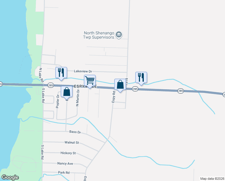 map of restaurants, bars, coffee shops, grocery stores, and more near 10600-10698 Espy Road in Linesville