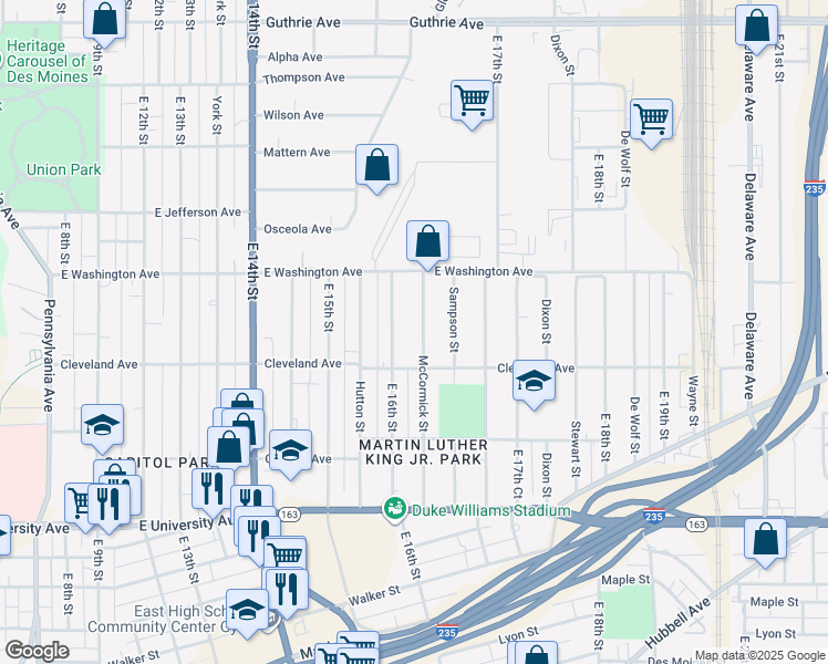 map of restaurants, bars, coffee shops, grocery stores, and more near 1412 McCormick Street in Des Moines