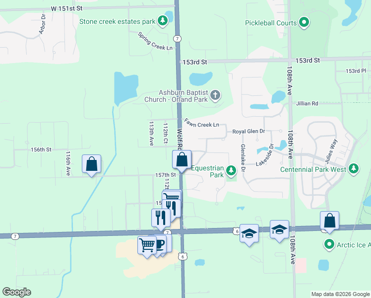map of restaurants, bars, coffee shops, grocery stores, and more near 15630 Shenandoah Drive in Orland Park