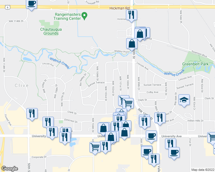 map of restaurants, bars, coffee shops, grocery stores, and more near 1627 Northwest 103rd Street in Clive