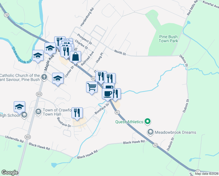 map of restaurants, bars, coffee shops, grocery stores, and more near 2412 New York 52 in Pine Bush