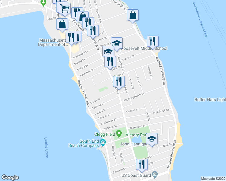 map of restaurants, bars, coffee shops, grocery stores, and more near 11 Lucas Street in New Bedford