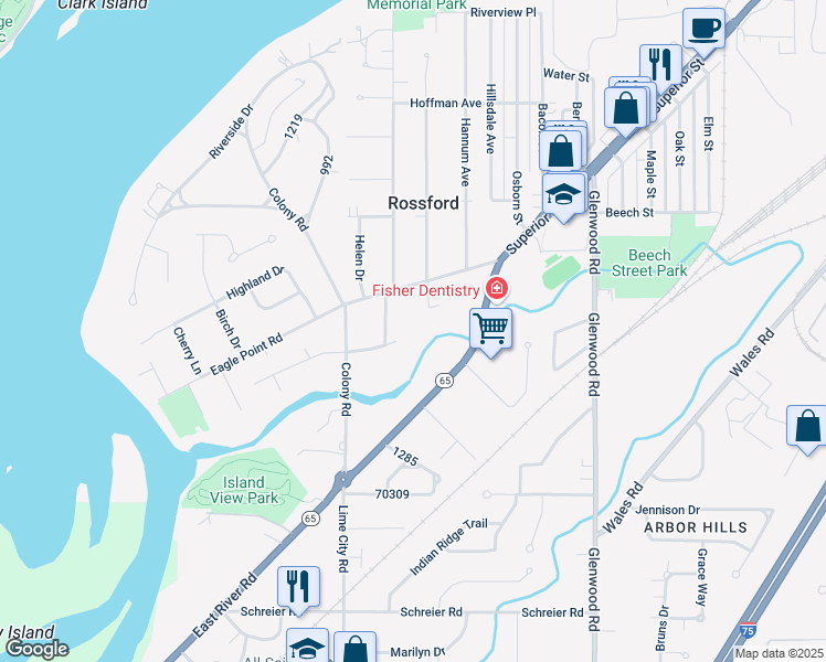 map of restaurants, bars, coffee shops, grocery stores, and more near 203 Eagle Point Road in Rossford