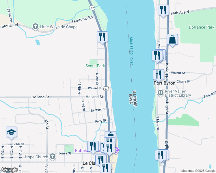 map of restaurants, bars, coffee shops, grocery stores, and more near Walnut St in Le Claire