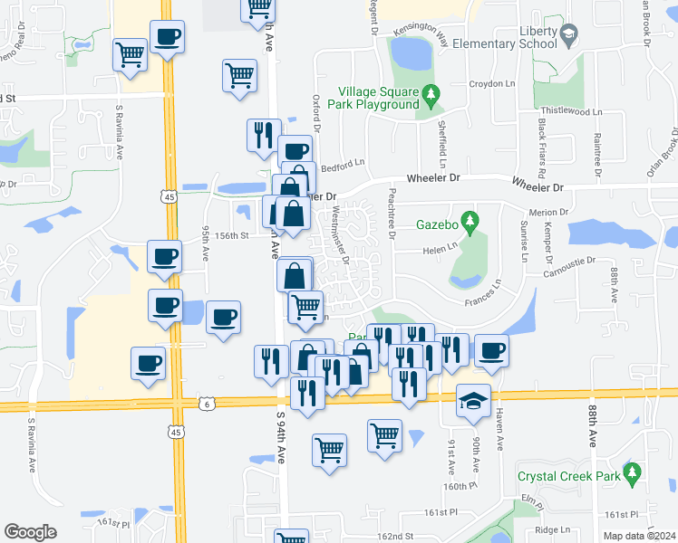 map of restaurants, bars, coffee shops, grocery stores, and more near 9312 Waterford Lane in Orland Park