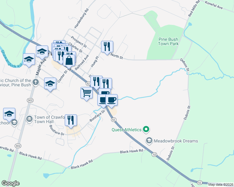map of restaurants, bars, coffee shops, grocery stores, and more near 2412 New York 52 in Pine Bush