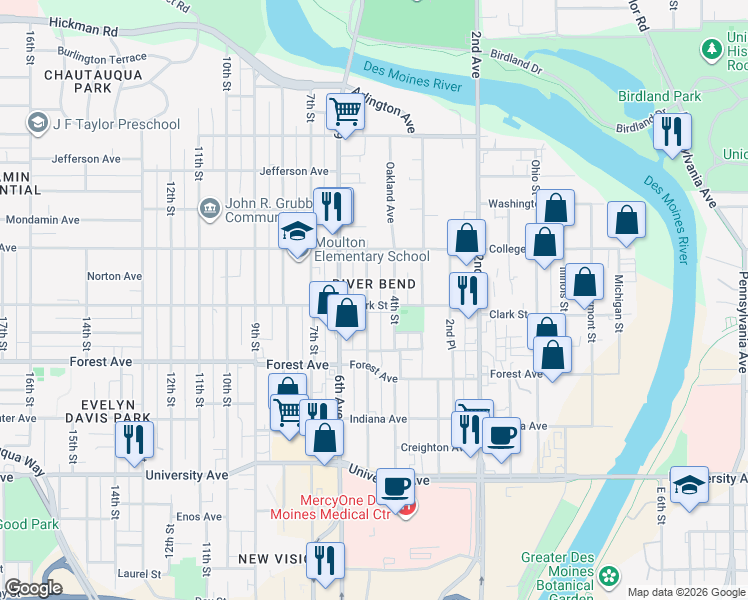 map of restaurants, bars, coffee shops, grocery stores, and more near 1503 5th Avenue in Des Moines