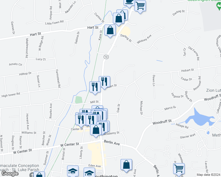 map of restaurants, bars, coffee shops, grocery stores, and more near 34 Hobart Street in Southington