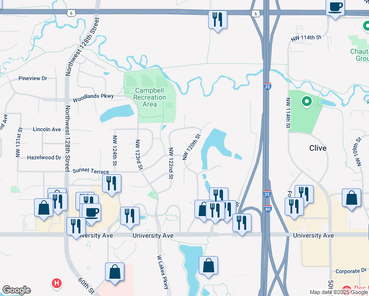 map of restaurants, bars, coffee shops, grocery stores, and more near 12156 Sunset Terrace in Clive