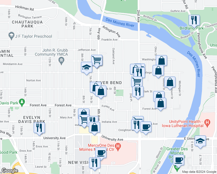 map of restaurants, bars, coffee shops, grocery stores, and more near 1503 5th Avenue in Des Moines
