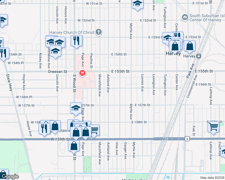 map of restaurants, bars, coffee shops, grocery stores, and more near 8 East 156th Street in Harvey
