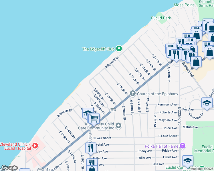 map of restaurants, bars, coffee shops, grocery stores, and more near 130 East 208th Street in Euclid