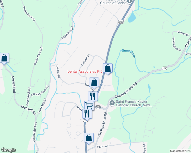 map of restaurants, bars, coffee shops, grocery stores, and more near 25 Belair Drive in New Milford
