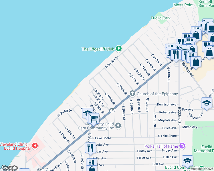 map of restaurants, bars, coffee shops, grocery stores, and more near 130 East 208th Street in Euclid