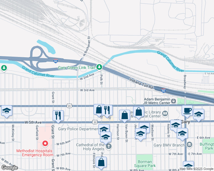map of restaurants, bars, coffee shops, grocery stores, and more near 301 Polk Street in Gary