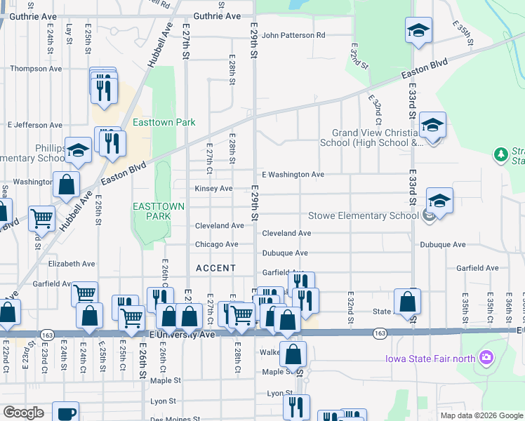 map of restaurants, bars, coffee shops, grocery stores, and more near 1407 East 29th Street in Des Moines