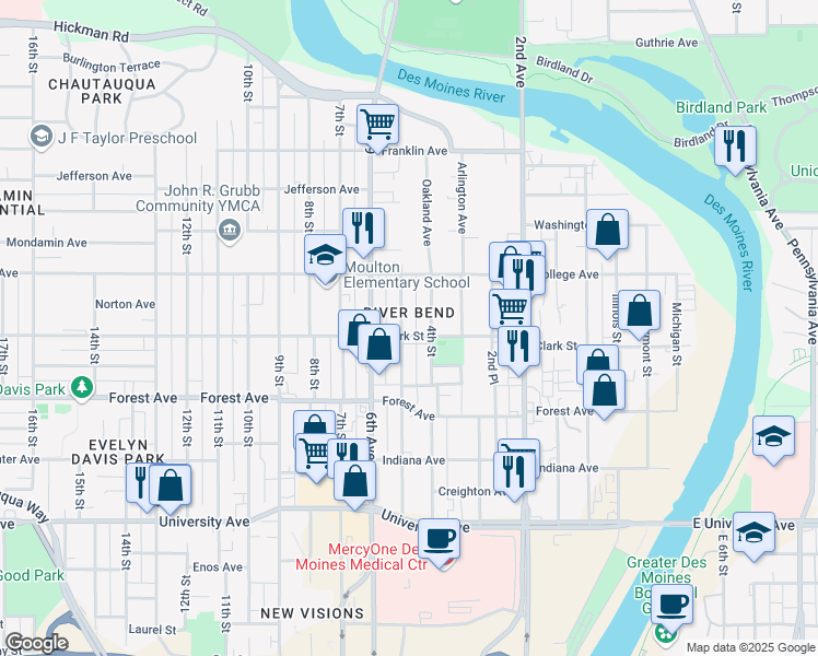 map of restaurants, bars, coffee shops, grocery stores, and more near 1445 5th Avenue in Des Moines