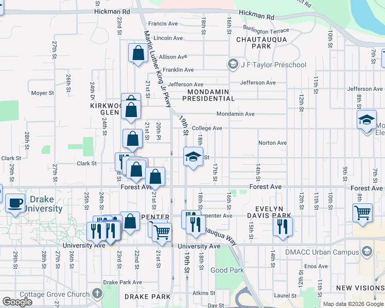map of restaurants, bars, coffee shops, grocery stores, and more near 1814 Clark Street in Des Moines