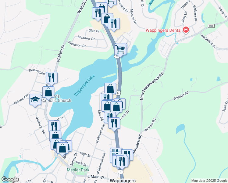 map of restaurants, bars, coffee shops, grocery stores, and more near 1713 Albany Post Road in Wappingers Falls