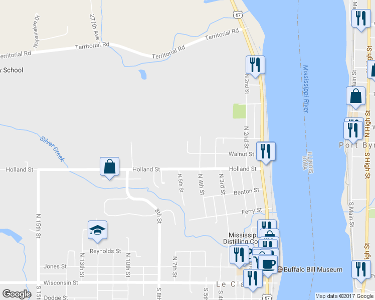 map of restaurants, bars, coffee shops, grocery stores, and more near Walnut Court in Le Claire