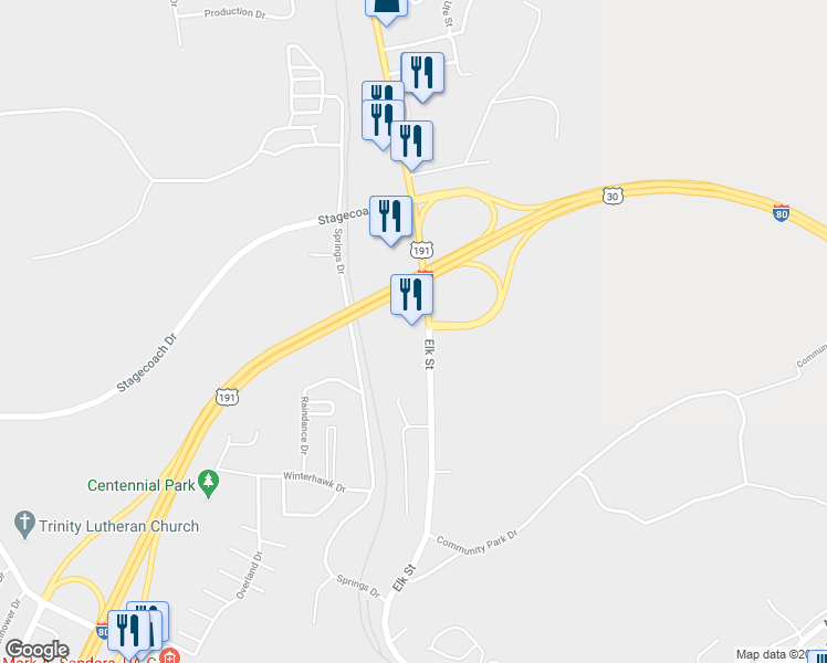 map of restaurants, bars, coffee shops, grocery stores, and more near 1549 Elk Street in Rock Springs