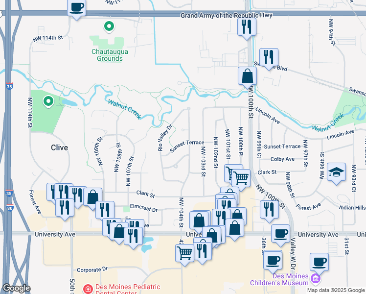 map of restaurants, bars, coffee shops, grocery stores, and more near 10459 Juan Calle Street in Clive