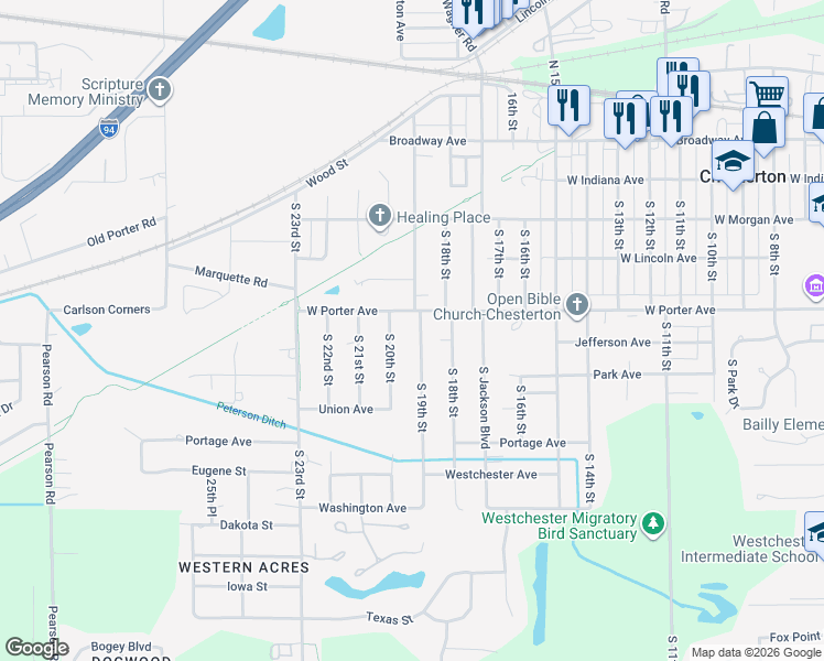map of restaurants, bars, coffee shops, grocery stores, and more near 603 South 19th Street in Chesterton