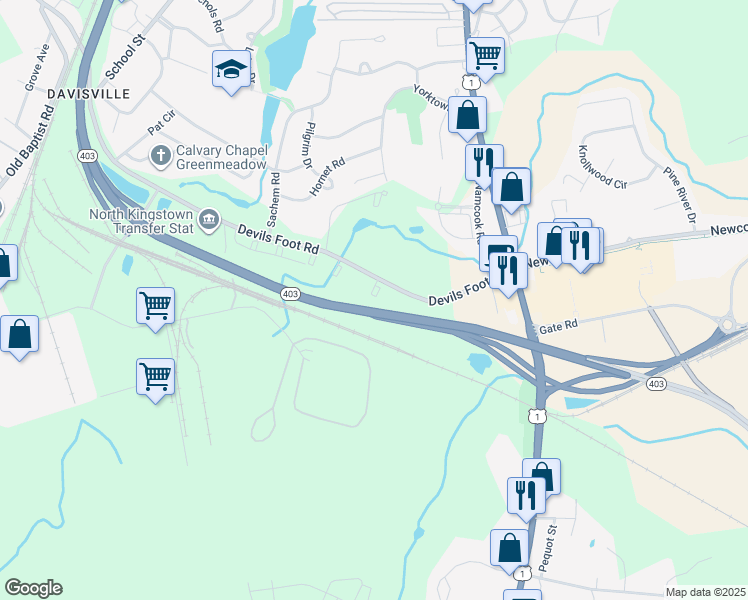 map of restaurants, bars, coffee shops, grocery stores, and more near 20 Sutton Lane in North Kingstown