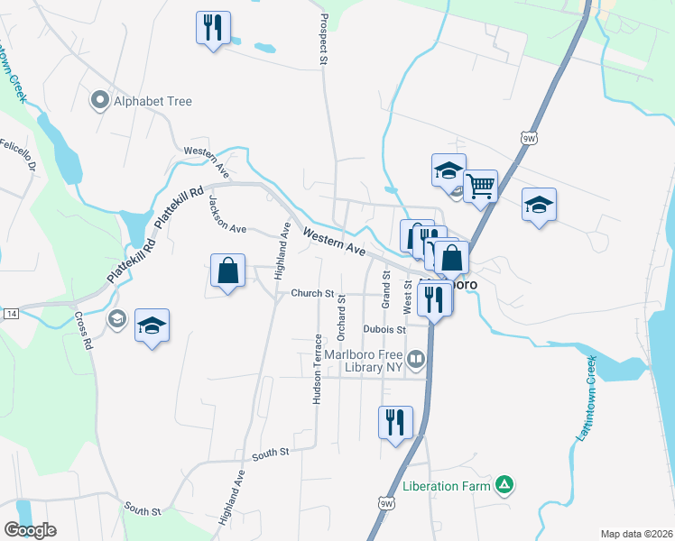 map of restaurants, bars, coffee shops, grocery stores, and more near 2 Orchard Street in Marlboro