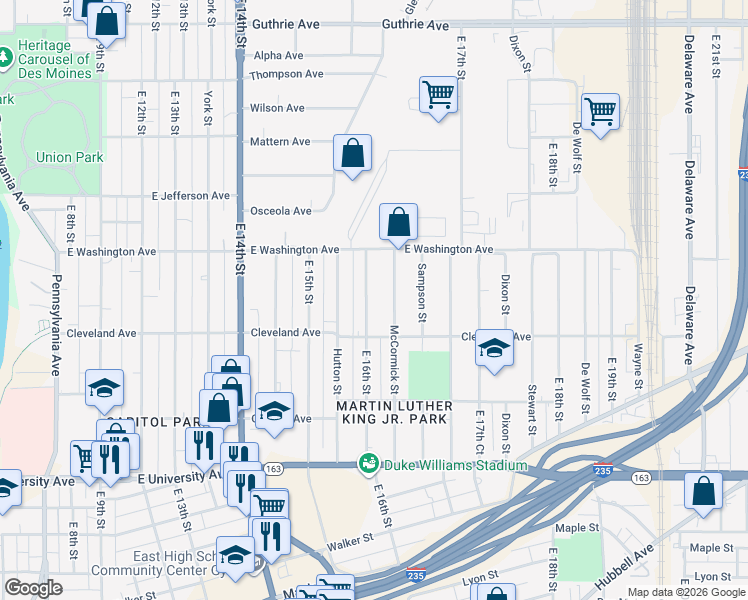 map of restaurants, bars, coffee shops, grocery stores, and more near 1410 East 16th Street in Des Moines