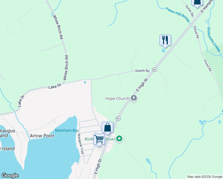 map of restaurants, bars, coffee shops, grocery stores, and more near 11 Aarons Way in East Hampton