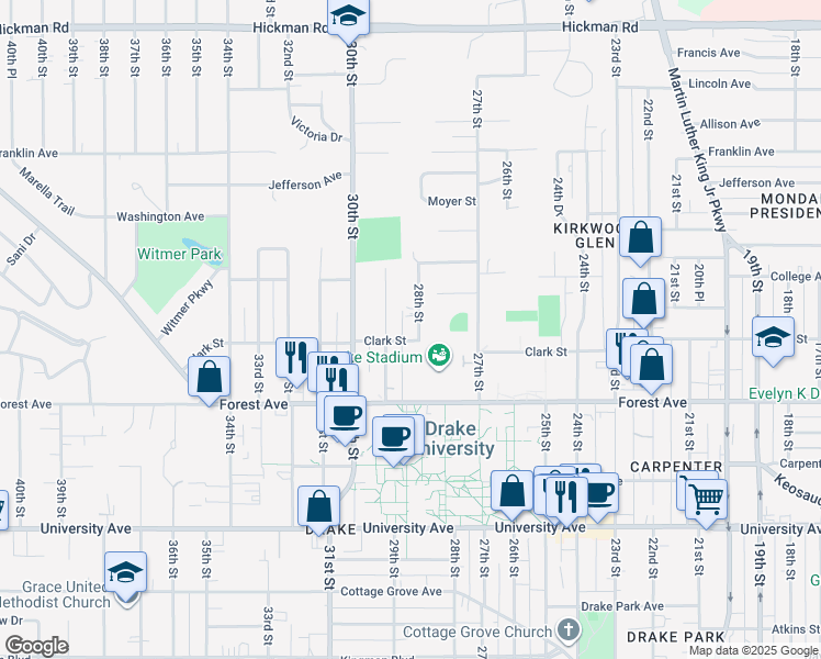 map of restaurants, bars, coffee shops, grocery stores, and more near 1506 28th Street in Des Moines