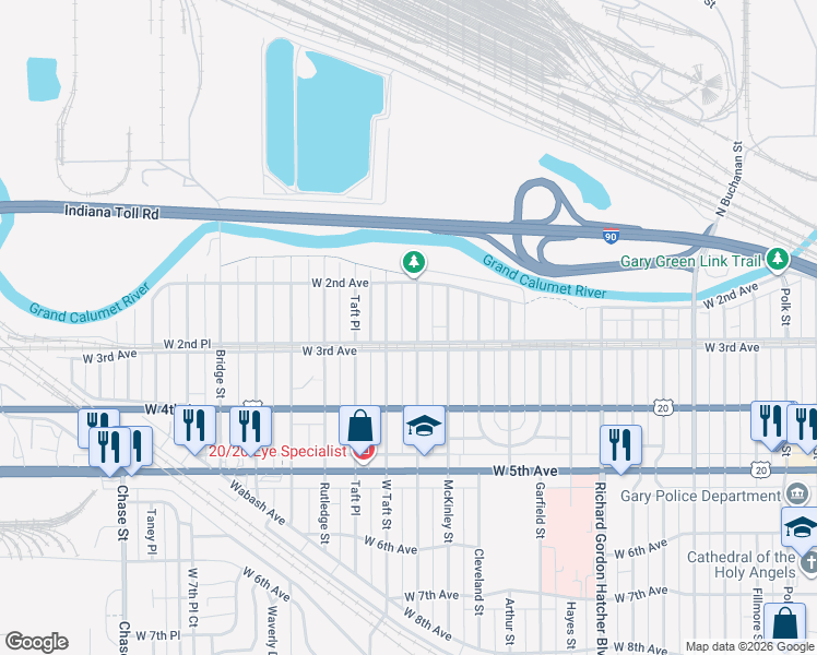 map of restaurants, bars, coffee shops, grocery stores, and more near 300 Roosevelt Street in Gary