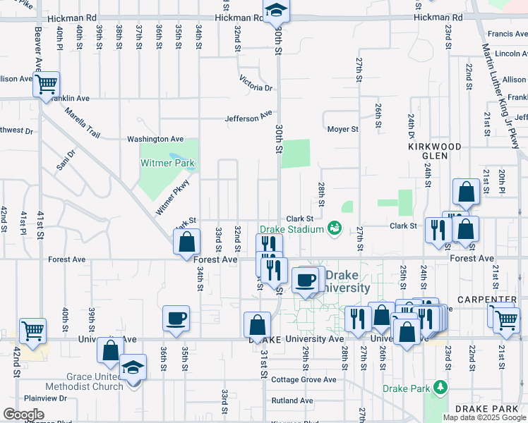 map of restaurants, bars, coffee shops, grocery stores, and more near 1444 31st Street in Des Moines