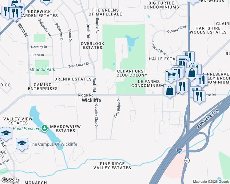 map of restaurants, bars, coffee shops, grocery stores, and more near 30544 Ridge Road in Wickliffe