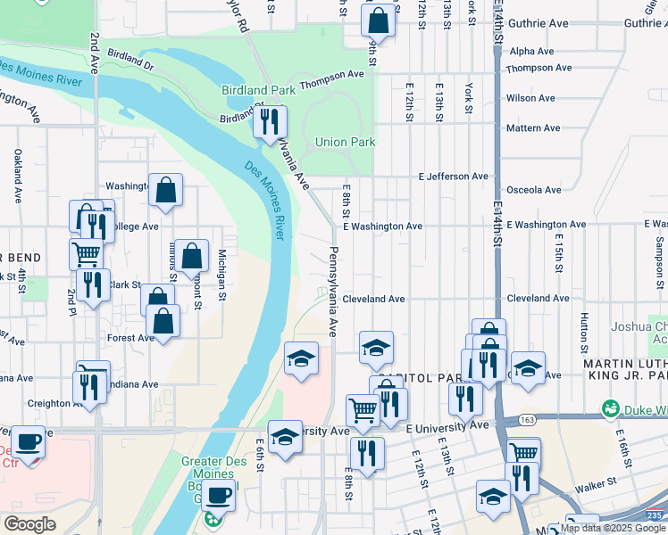 map of restaurants, bars, coffee shops, grocery stores, and more near 1422 Pennsylvania Avenue in Des Moines
