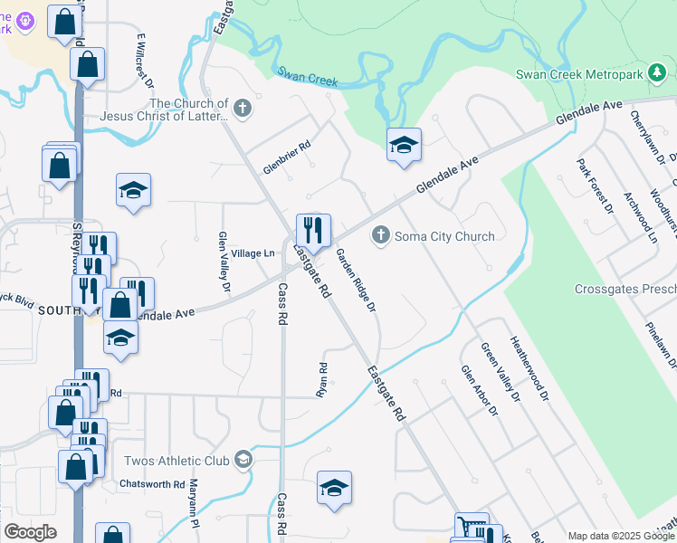 map of restaurants, bars, coffee shops, grocery stores, and more near 1866 Garden Ridge Drive in Toledo