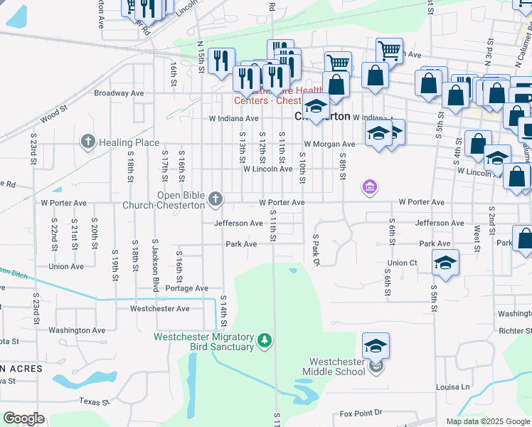 map of restaurants, bars, coffee shops, grocery stores, and more near 624 South 11th Street in Chesterton