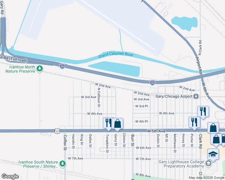 map of restaurants, bars, coffee shops, grocery stores, and more near 262 Gerry Street in Gary