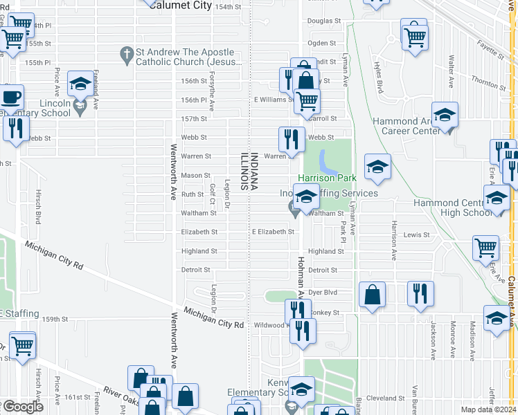 map of restaurants, bars, coffee shops, grocery stores, and more near 5 East Elizabeth Street in Hammond