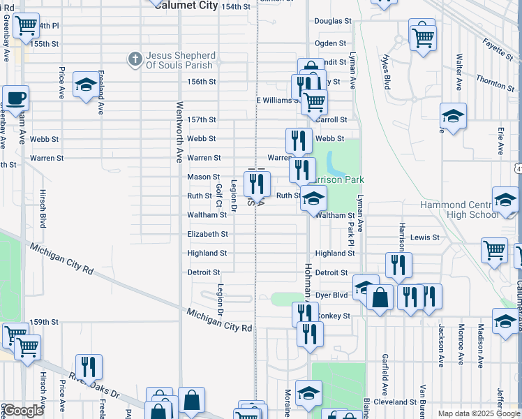 map of restaurants, bars, coffee shops, grocery stores, and more near 5 East Elizabeth Street in Hammond