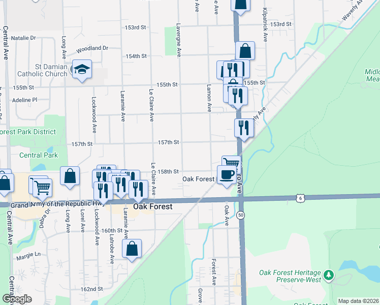 map of restaurants, bars, coffee shops, grocery stores, and more near 15735 La Vergne Avenue in Oak Forest