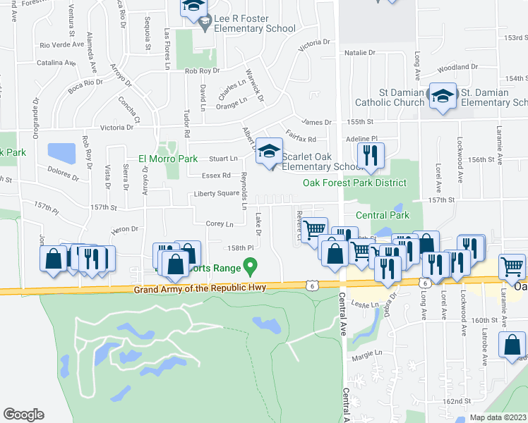 map of restaurants, bars, coffee shops, grocery stores, and more near 15718 Peggy Lane in Oak Forest